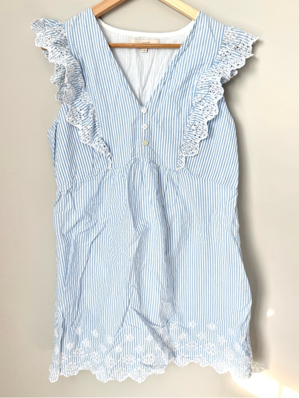 LOFT Light Blue Eyelet Ruffle Stripe Sleeveless Spring Dress